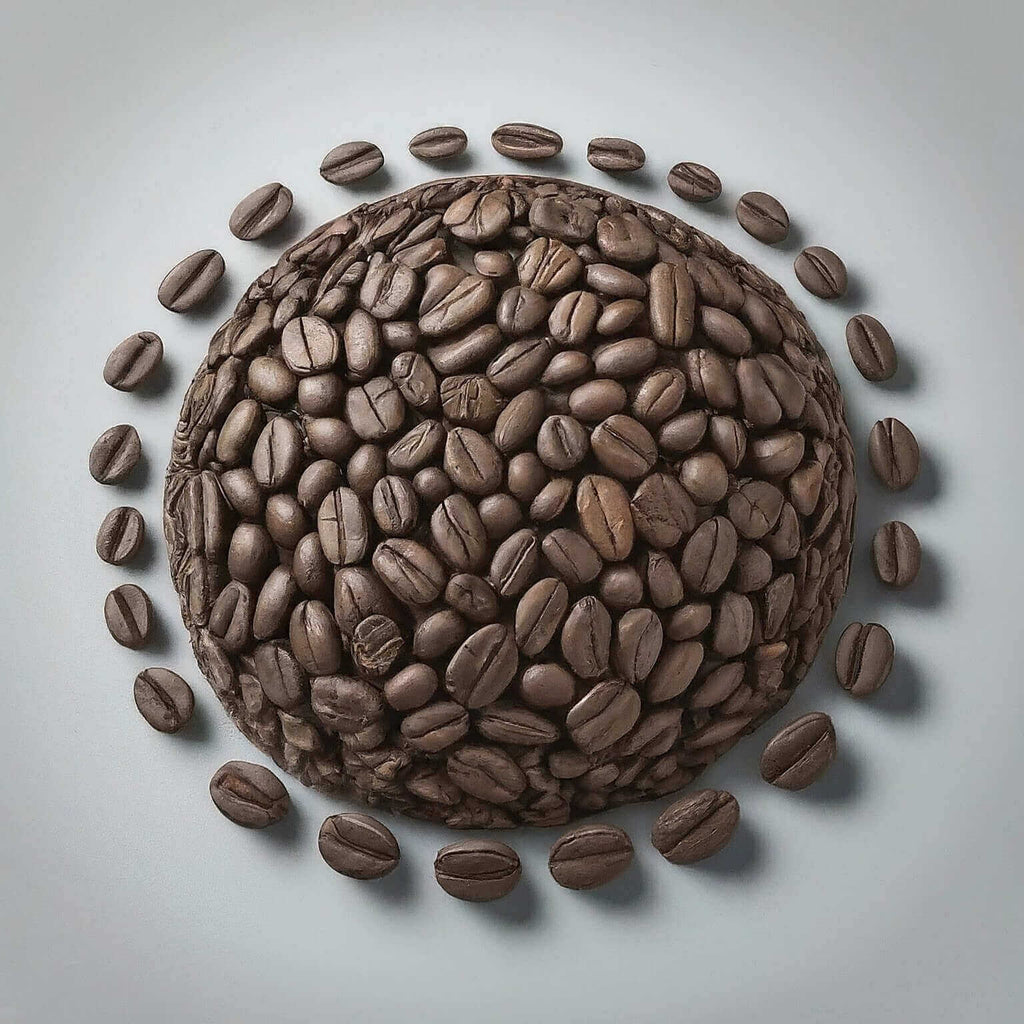 Coffee beans arranged in a circular pattern on a light gray background
