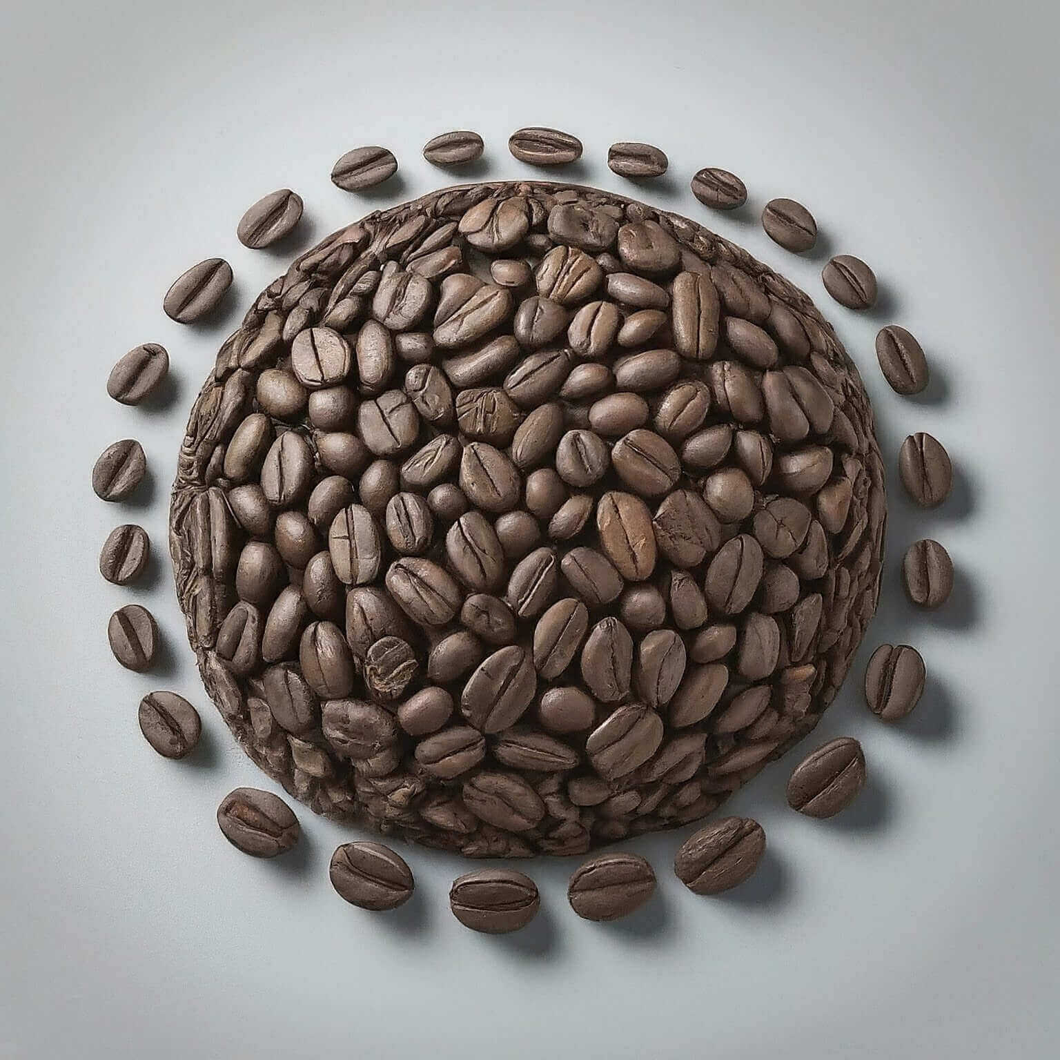 Coffee beans arranged in a circular pattern on a light gray background
