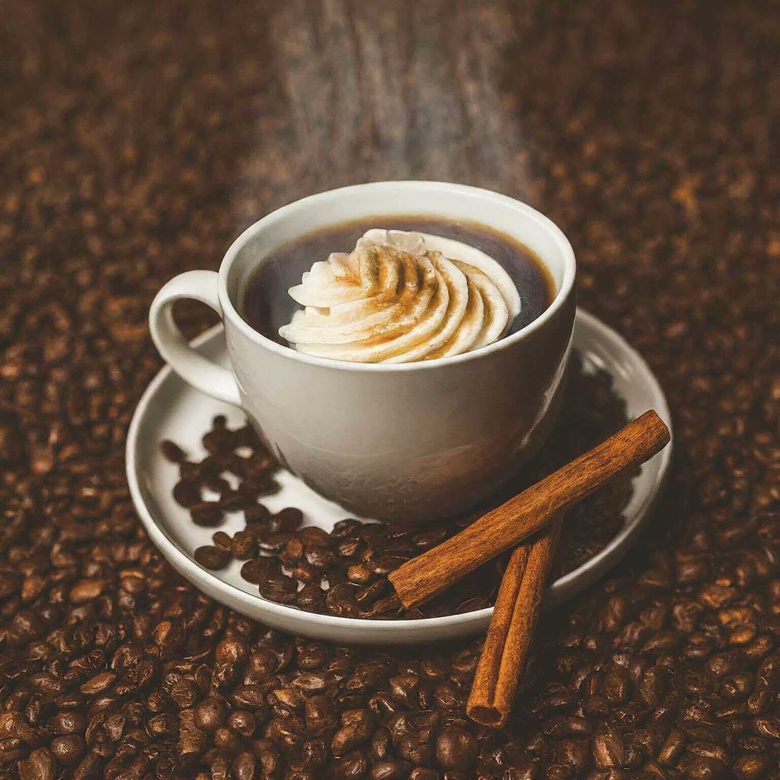 Steaming cup of coffee with whipped cream on a saucer surrounded by coffee beans and a cinnamon stick.