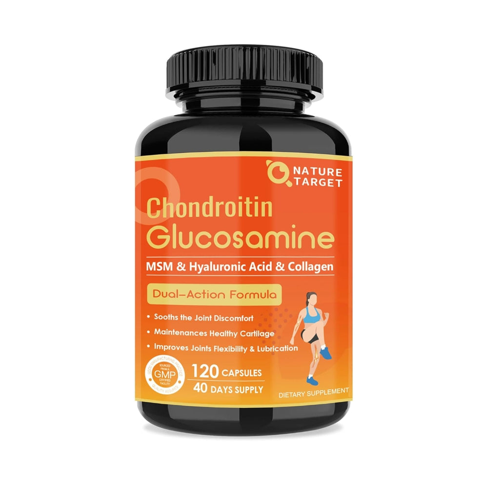 Supplement bottle labeled 'Chondroitin Glucosamine' with orange label on a white background