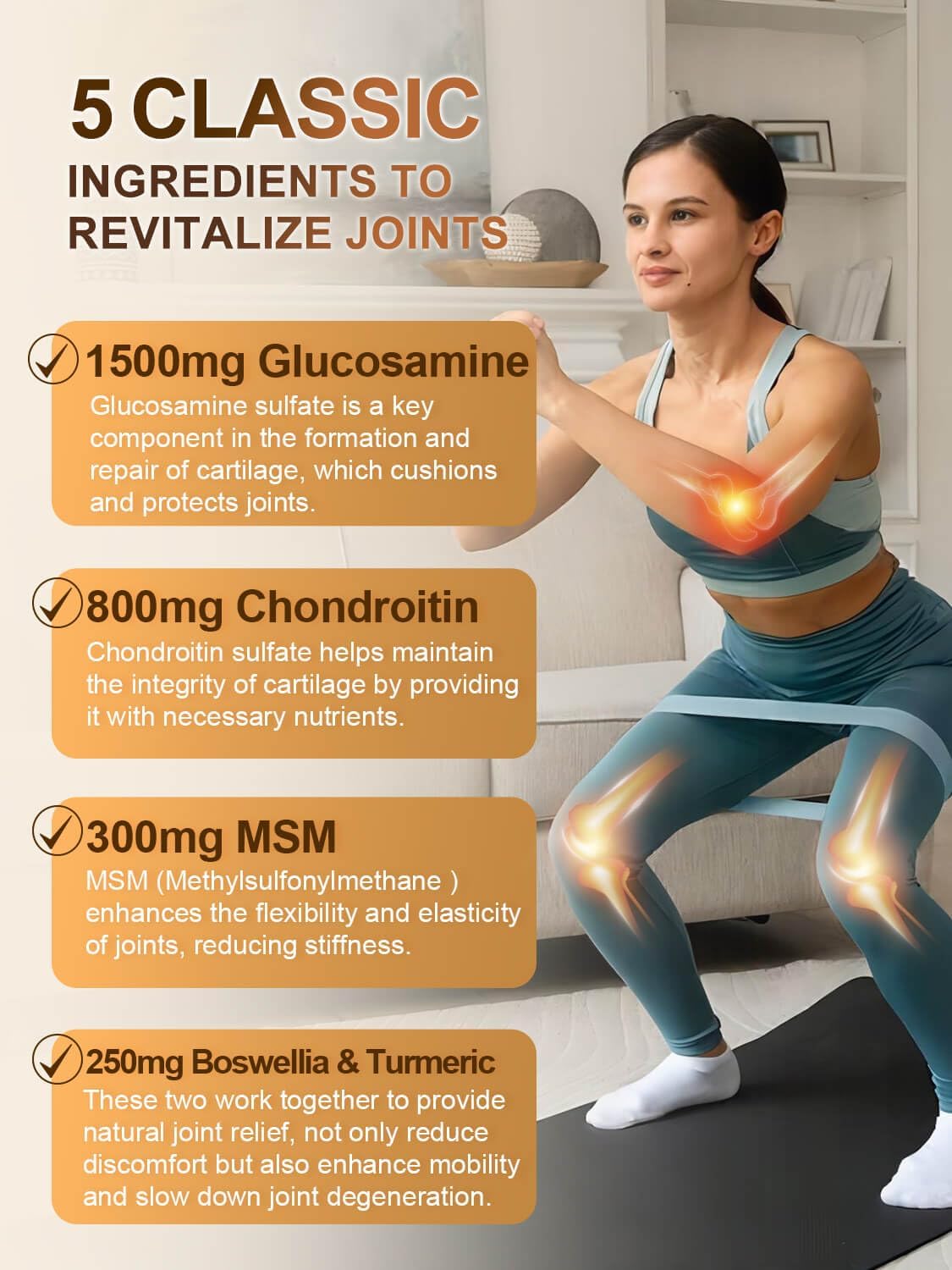 Woman exercising with joint pain highlighted, accompanied by information about joint health supplements.