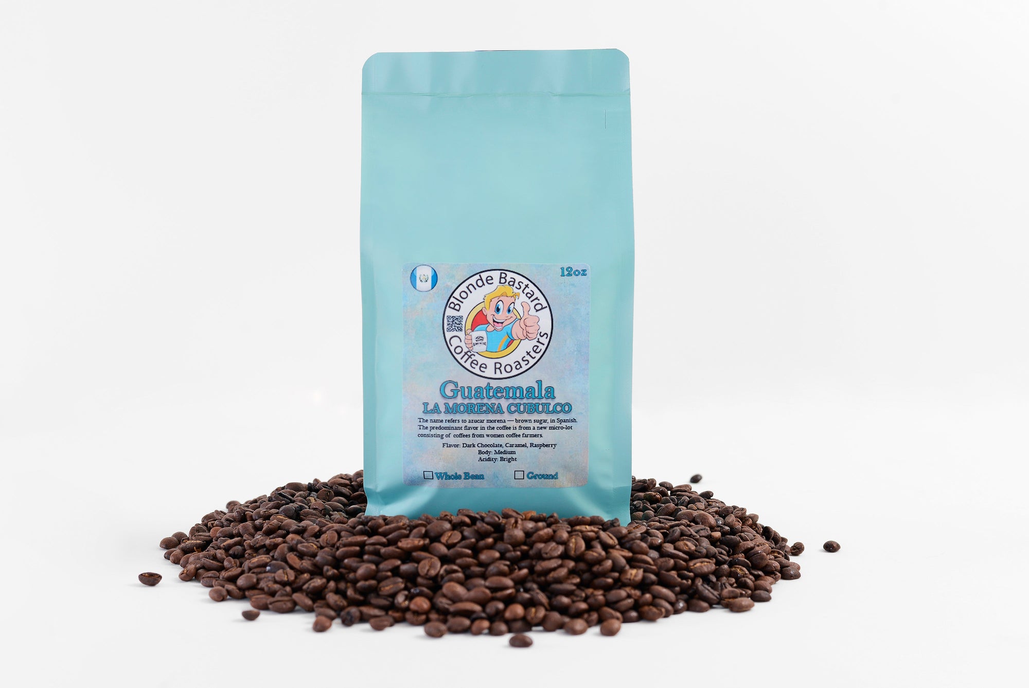 Blue coffee bag labeled 'Guatemala' with coffee beans on a white background