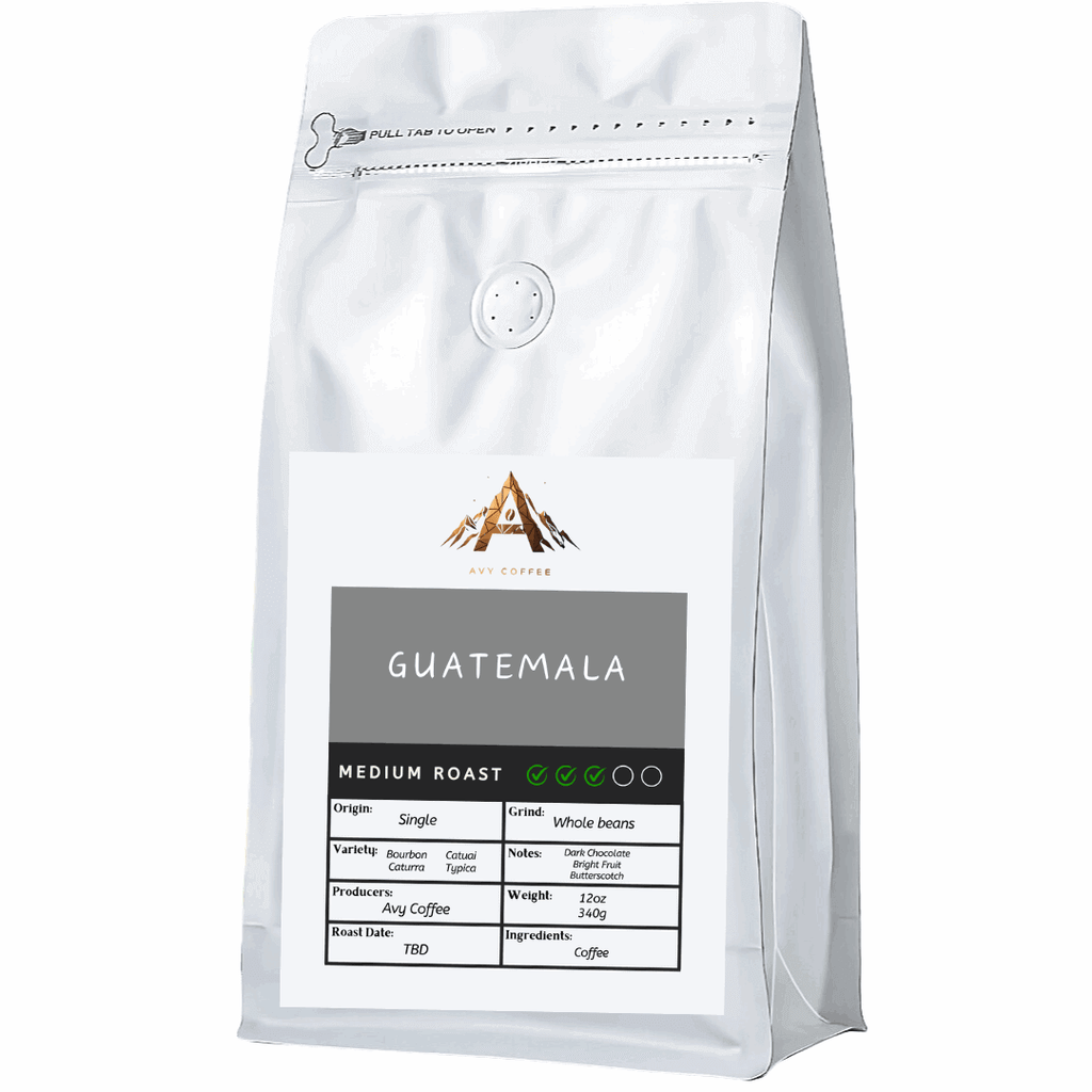 White coffee bag with 'Guatemala' label on a white background
