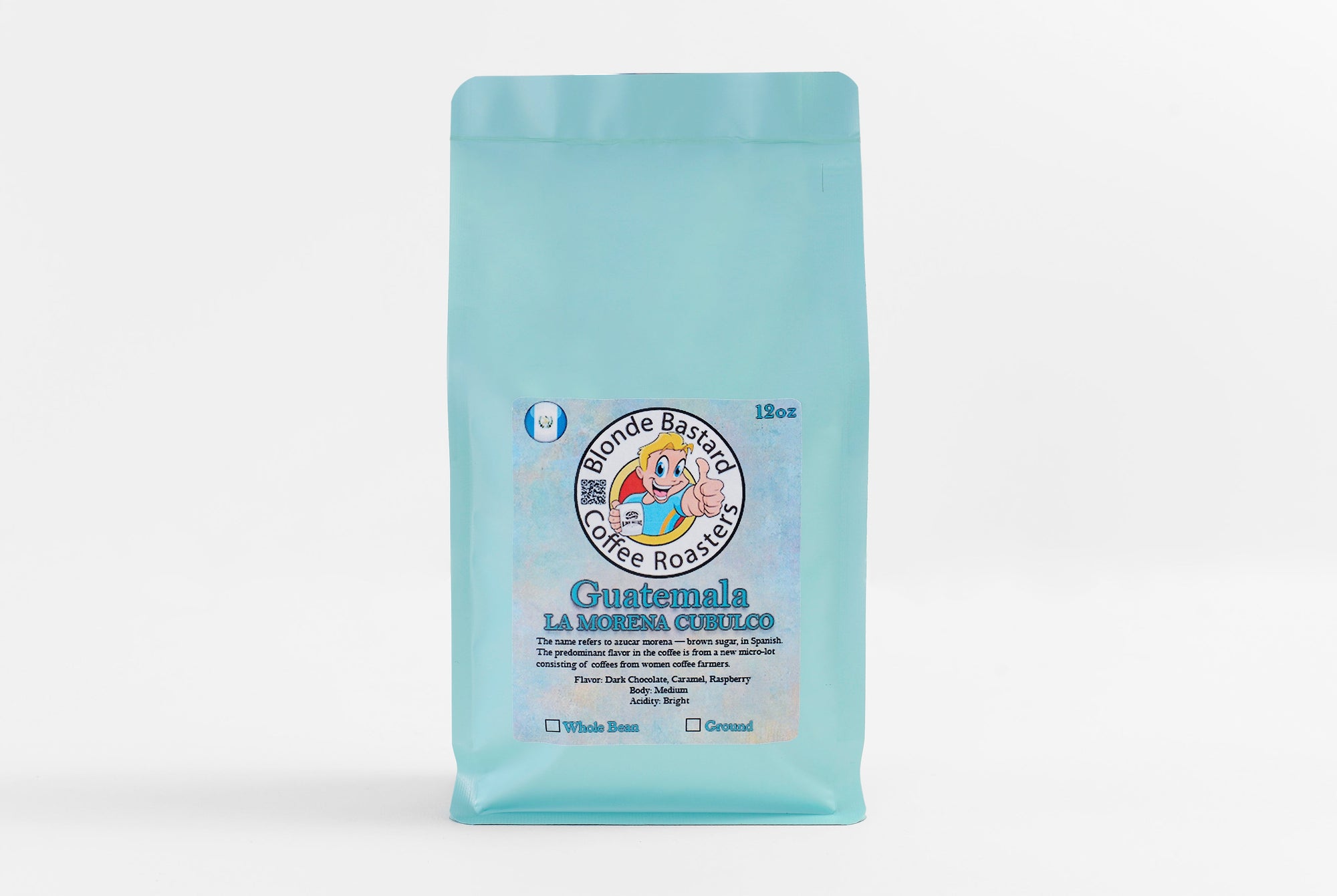 Coffee bag with brand logo and product details on a white background