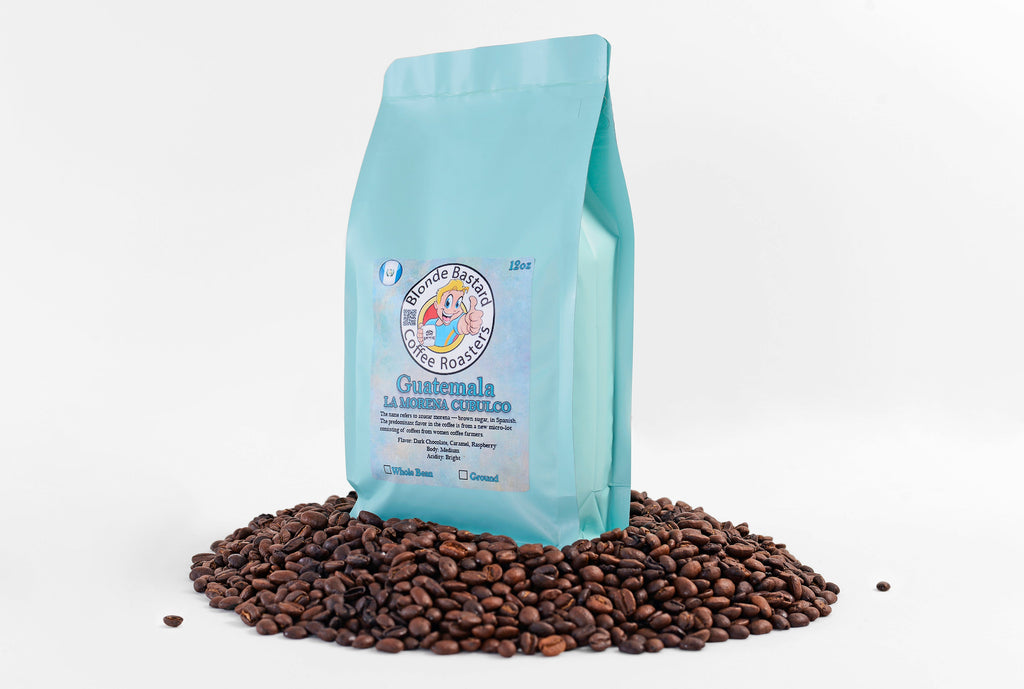 Blue coffee bag with 'Buenos Dias' branding on a white background with coffee beans around it.