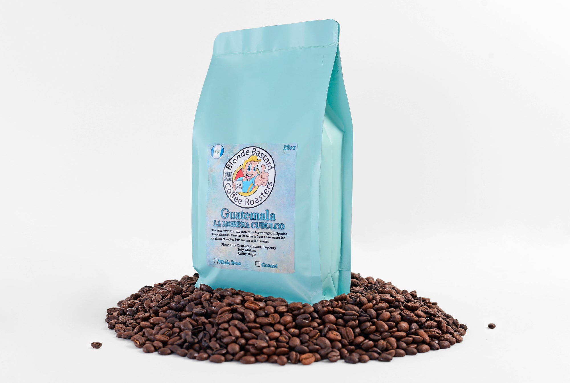 Blue coffee bag with 'Buenos Dias' branding on a white background with coffee beans around it.