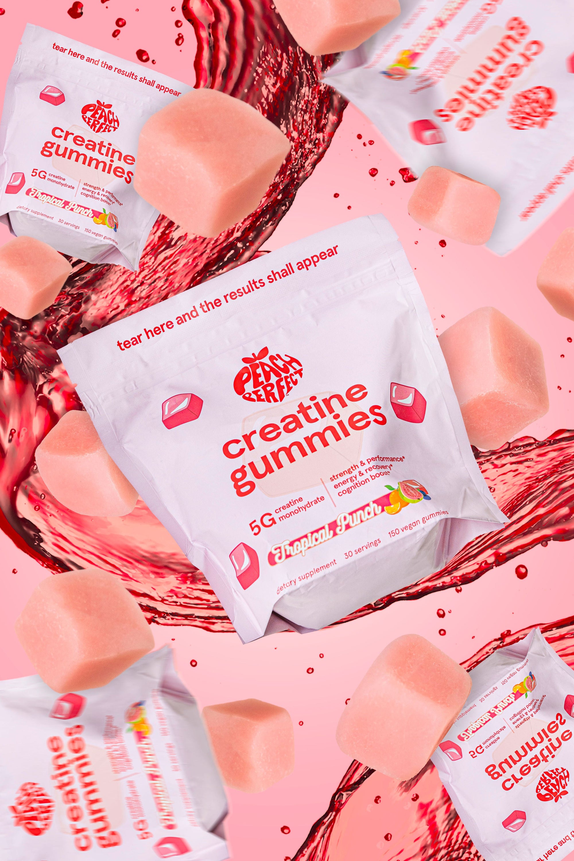 Creatine gummies packaging with a pink background