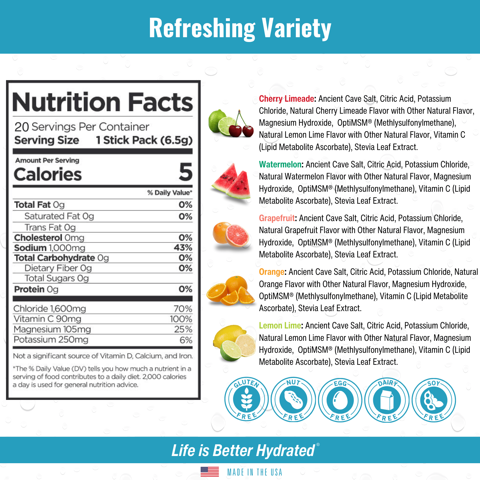 Nutrition facts label for a stick pack with various flavors and health benefits.