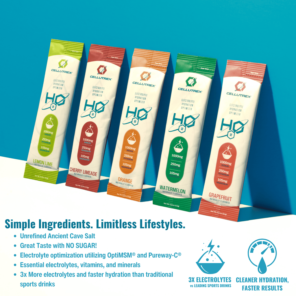 Five packets of Cellumen sports drink mix on a blue background with product details.