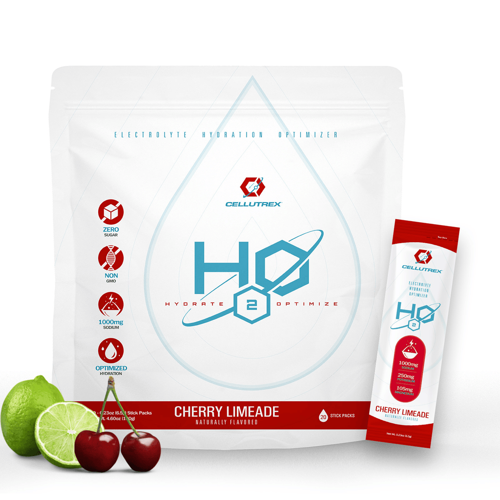 Hydration powder package with cherry limeade flavor on a white background