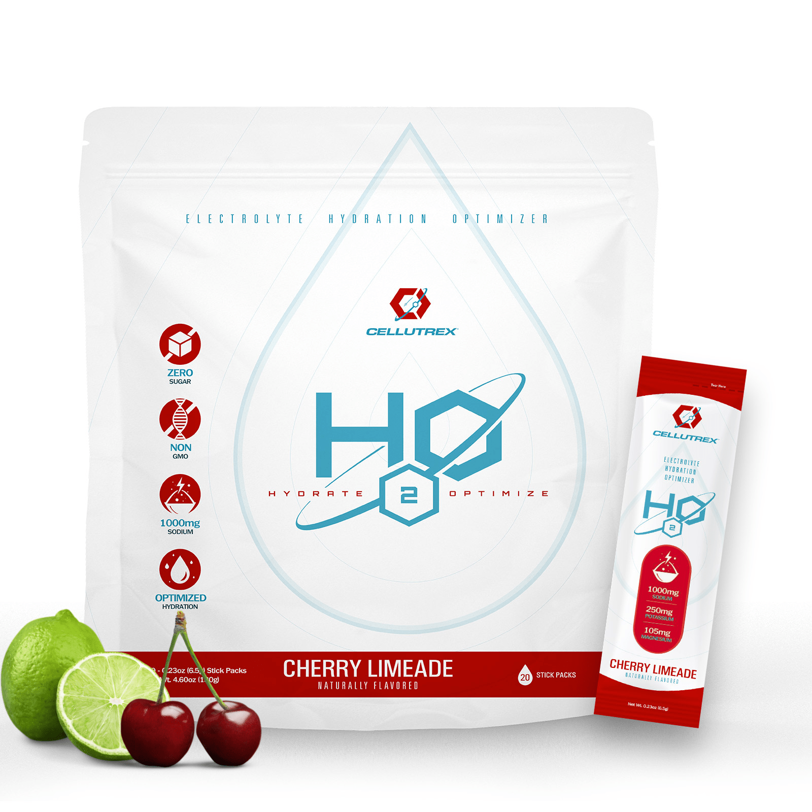Hydration powder package with cherry limeade flavor on a white background
