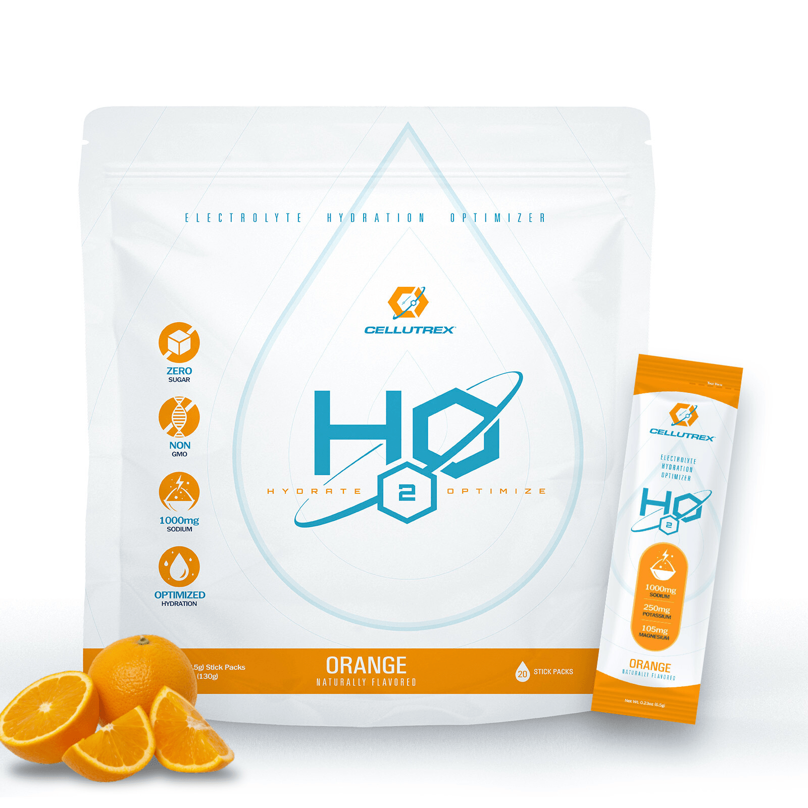 Cellutrex HO2 Hydration Optimizer package with orange flavor on a white background