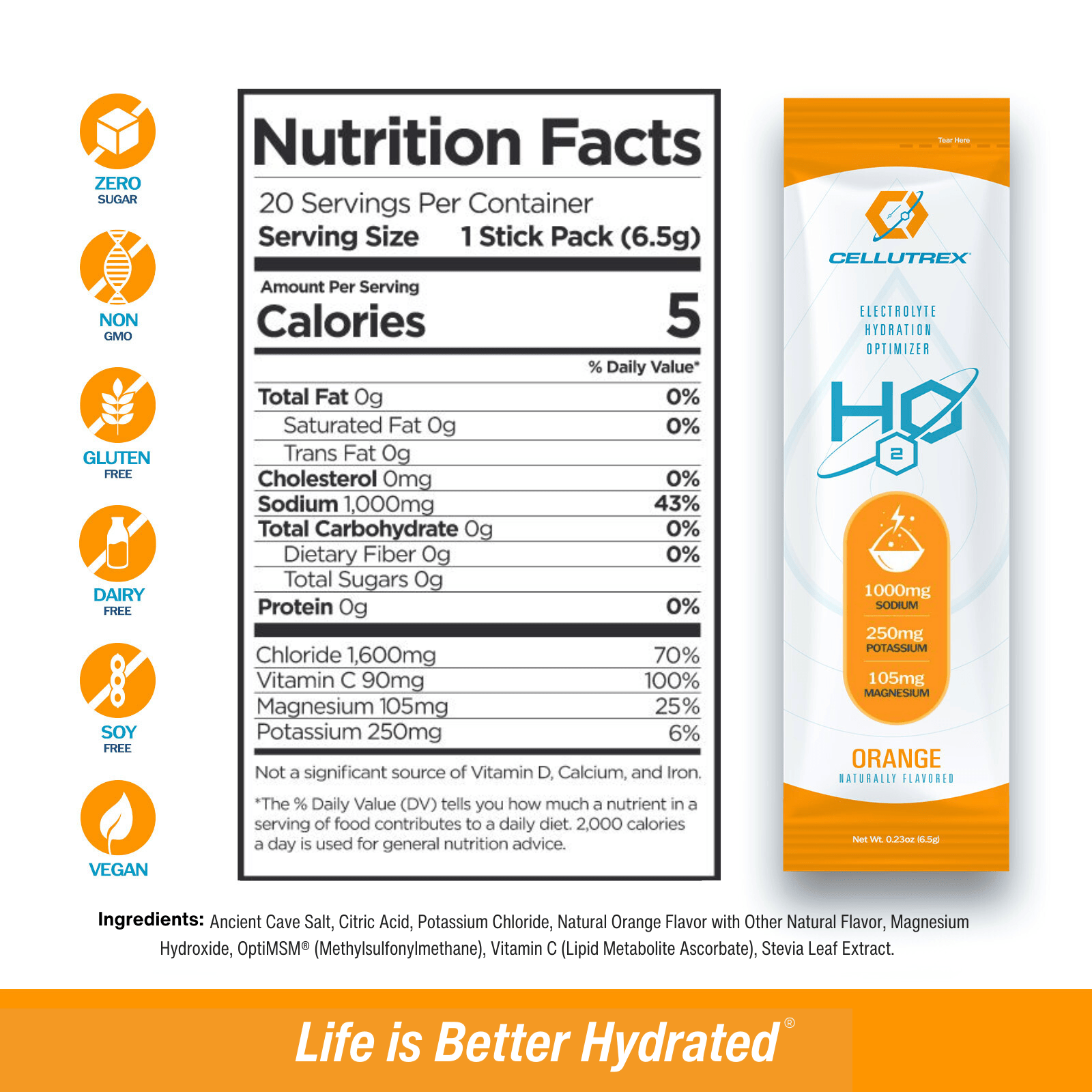 Nutrition facts label and packaging of Cellutrex hydration optimizer with orange and white design.