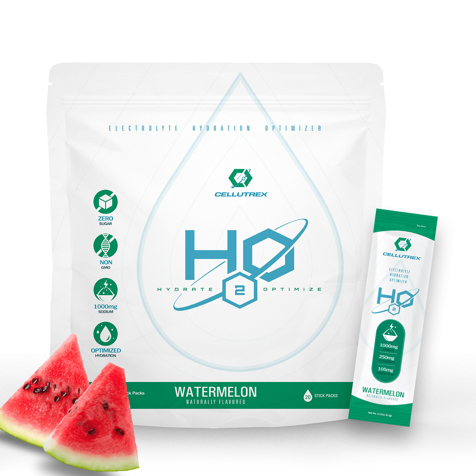 Cellutrex HO2 Hydrate & Optimize supplement package with watermelon flavor on a white background.