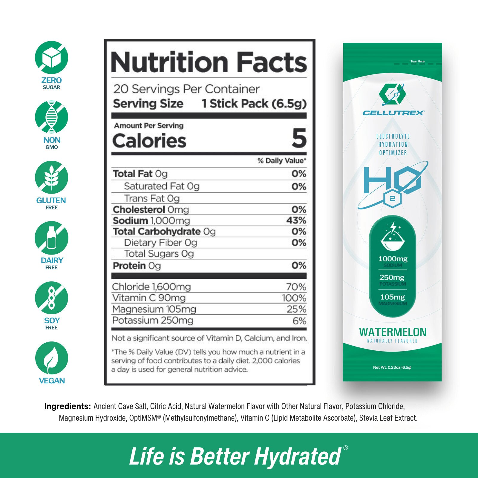 Nutrition facts label and packaging of CellTrex watermelon flavor supplement on a white background.