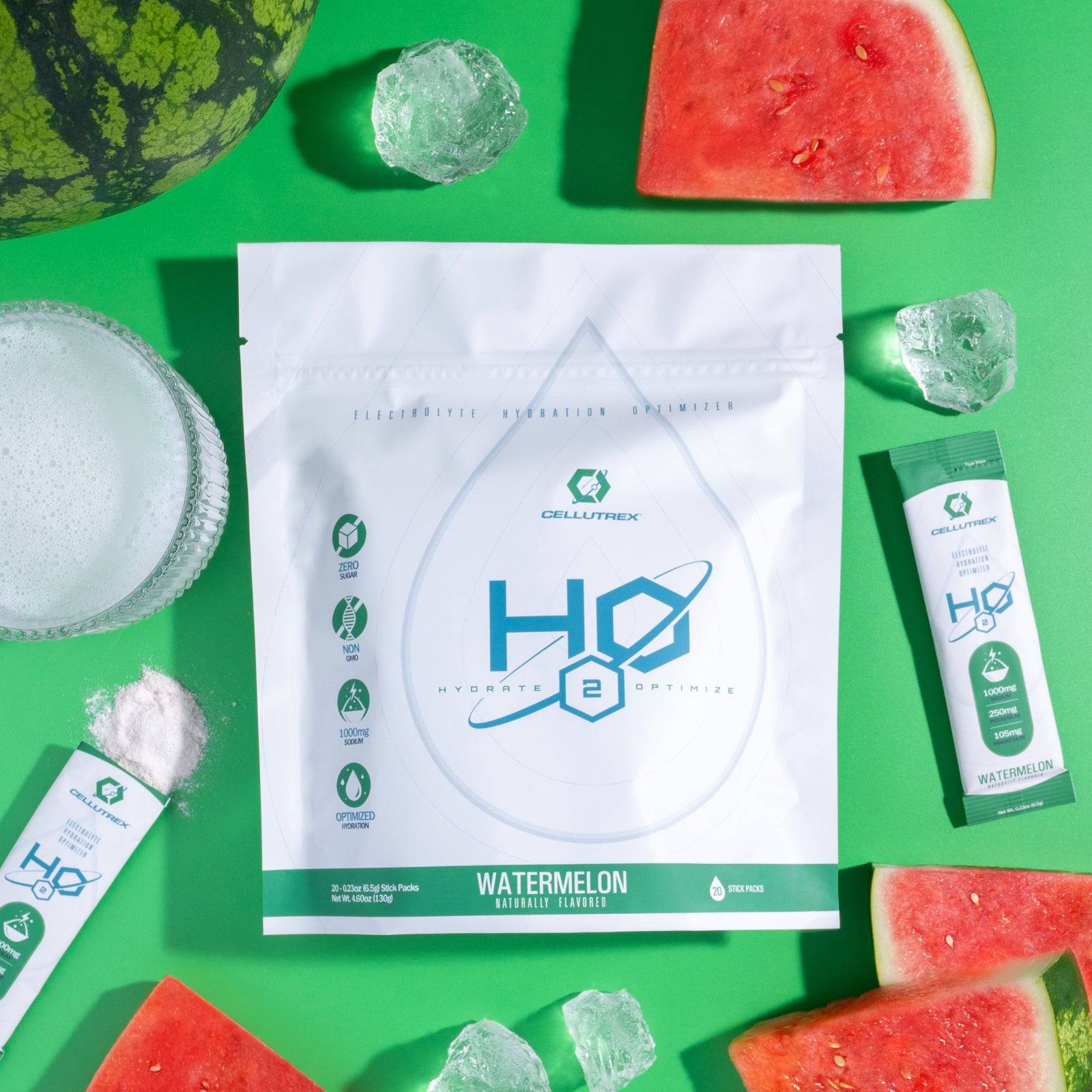 HO2 supplement packaging with watermelon slices and ice cubes on a green background