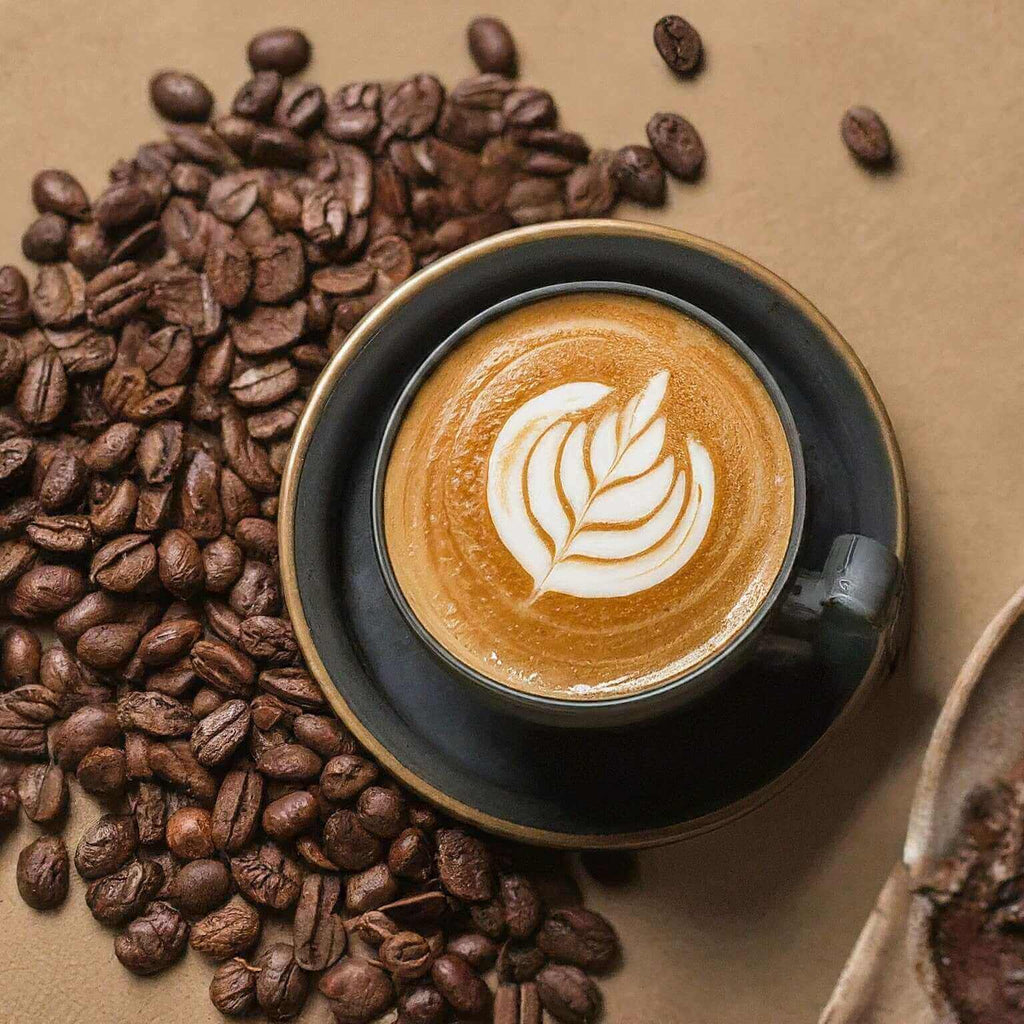 Cup of coffee with latte art surrounded by coffee beans on a brown background