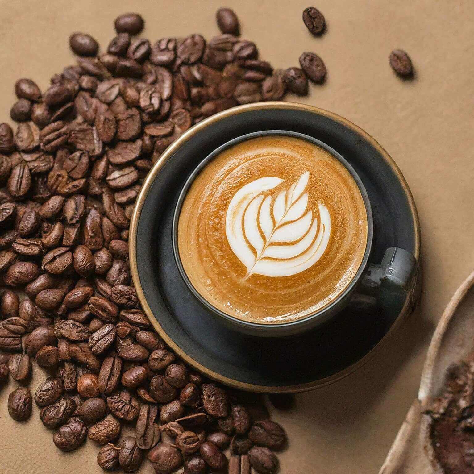 Cup of coffee with latte art surrounded by coffee beans on a brown background