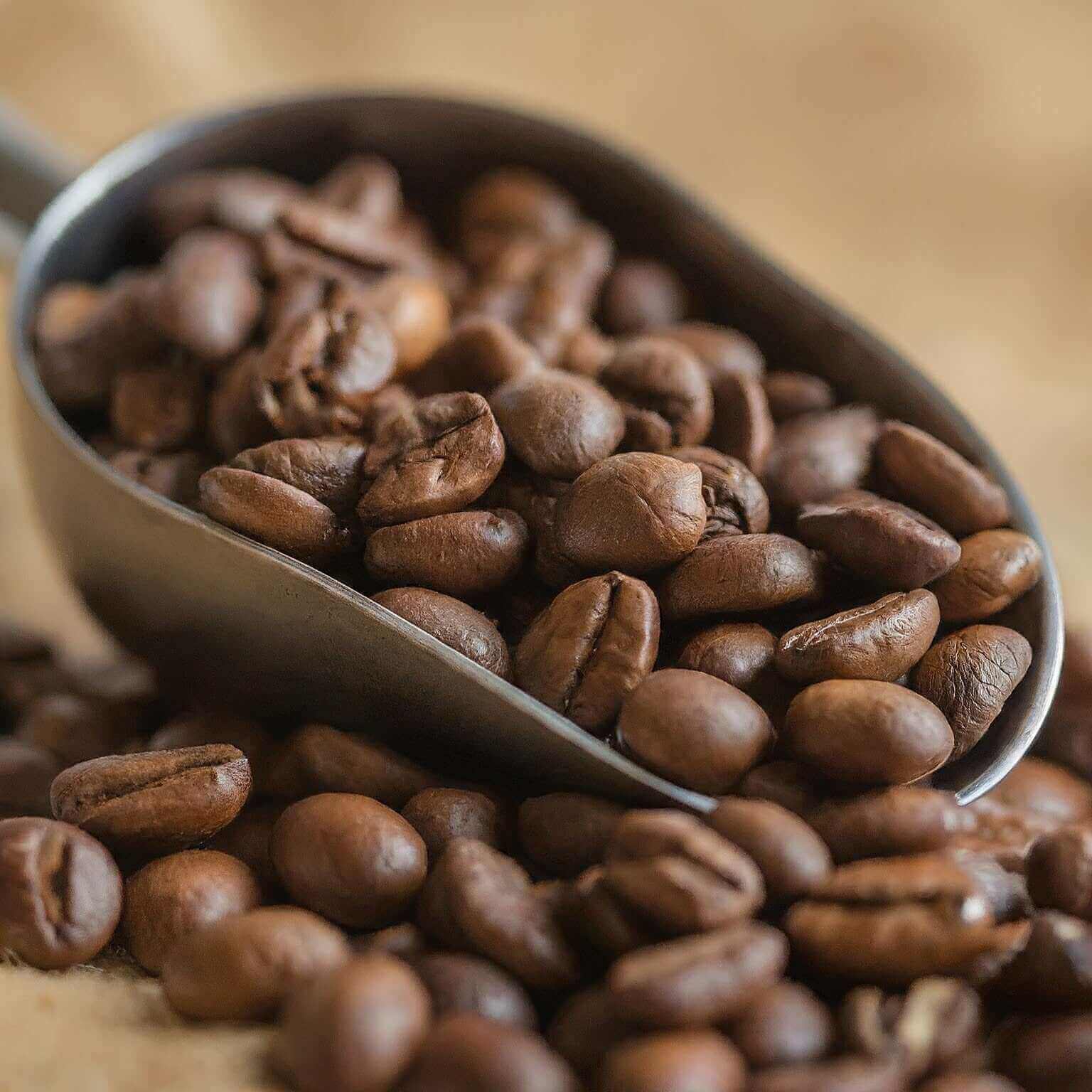 Scoop filled with coffee beans on a wooden surface