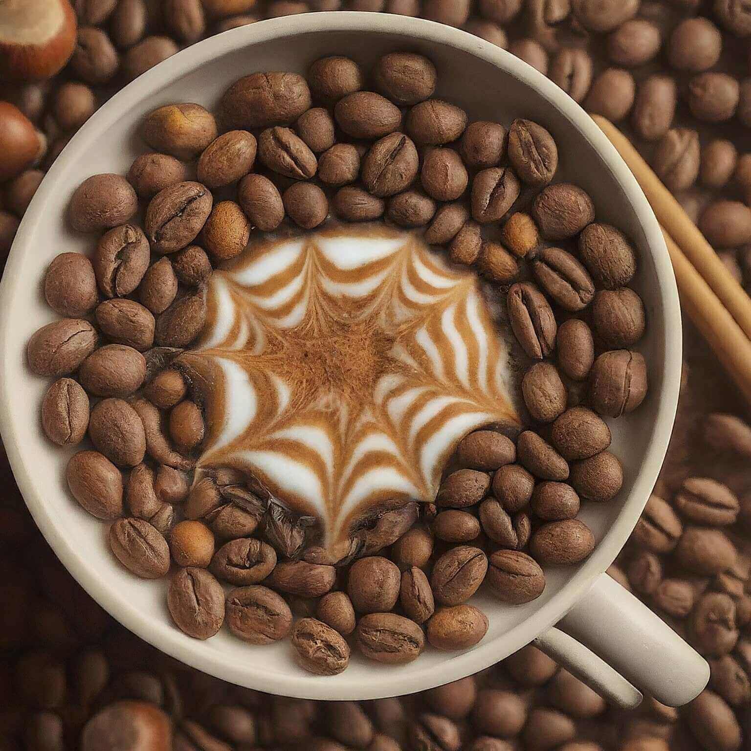 Cup of coffee with latte art and coffee beans on a background of more coffee beans