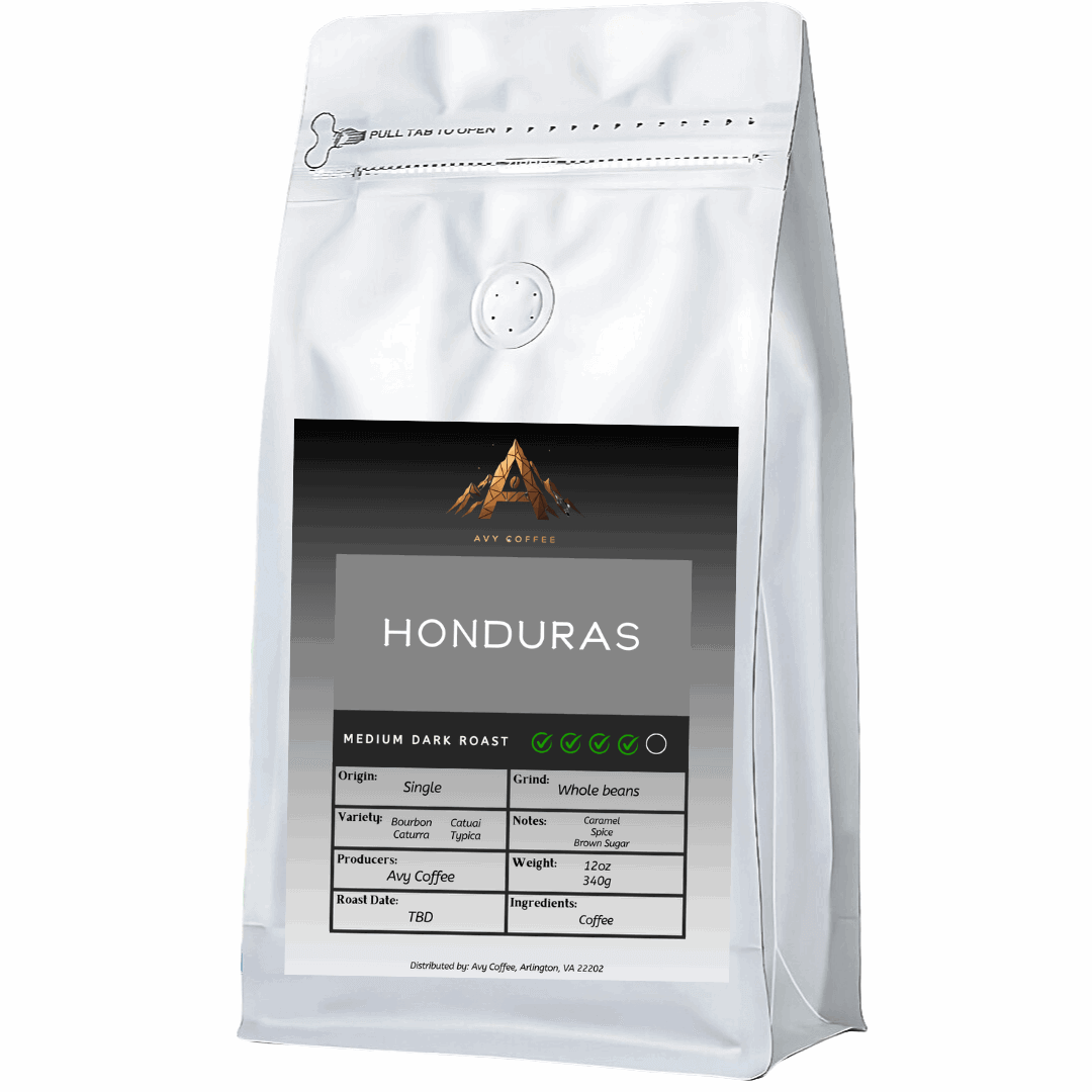 White coffee bag with 'Honduras' label and coffee details on a white background