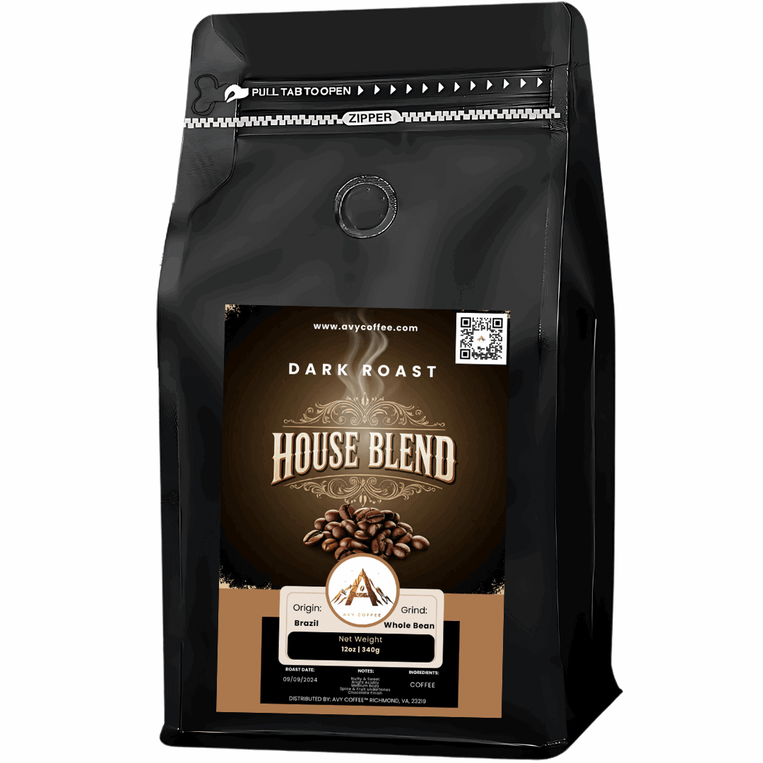 Black coffee bag with 'House Blend' label on a white background