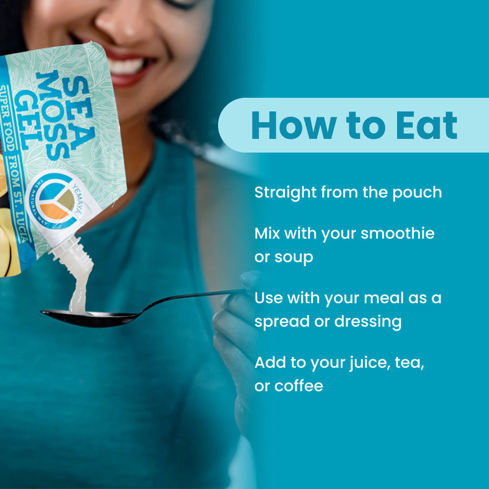 Person holding a pouch of Sea Moss Gel with text on how to eat it.