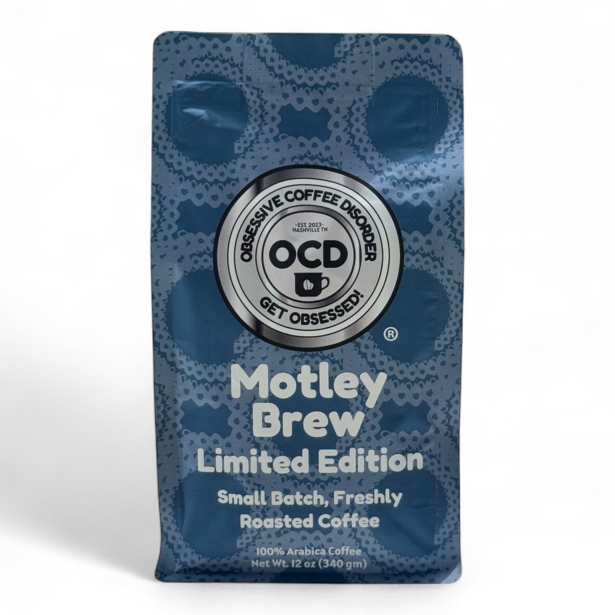 Coffee bag labeled 'Motley Brew' by OCD on a white background