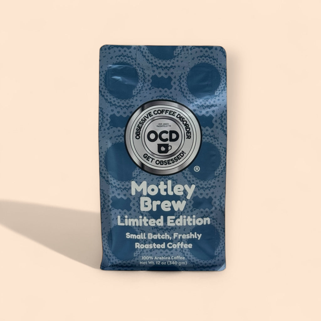 Coffee package labeled 'Motley Brew' with OCD Coffee Disorder branding on a beige background