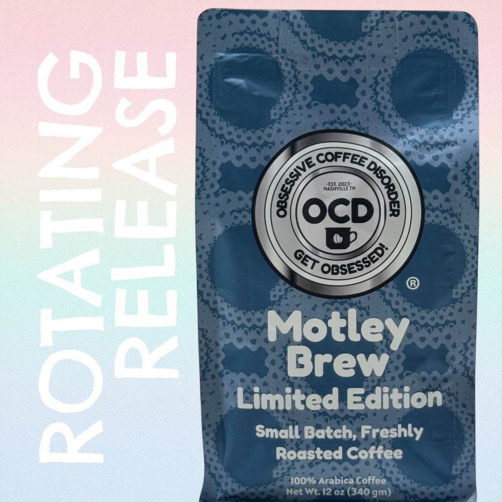 Coffee package with OCD branding on a gradient background
