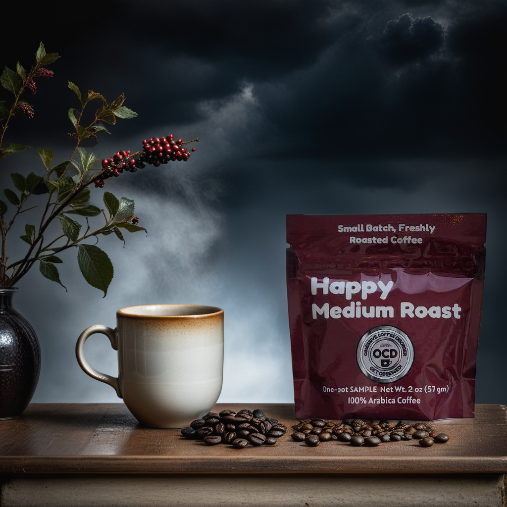 Coffee cup, beans, and 'Happy Medium Roast' coffee bag on a wooden surface with a dark sky background.