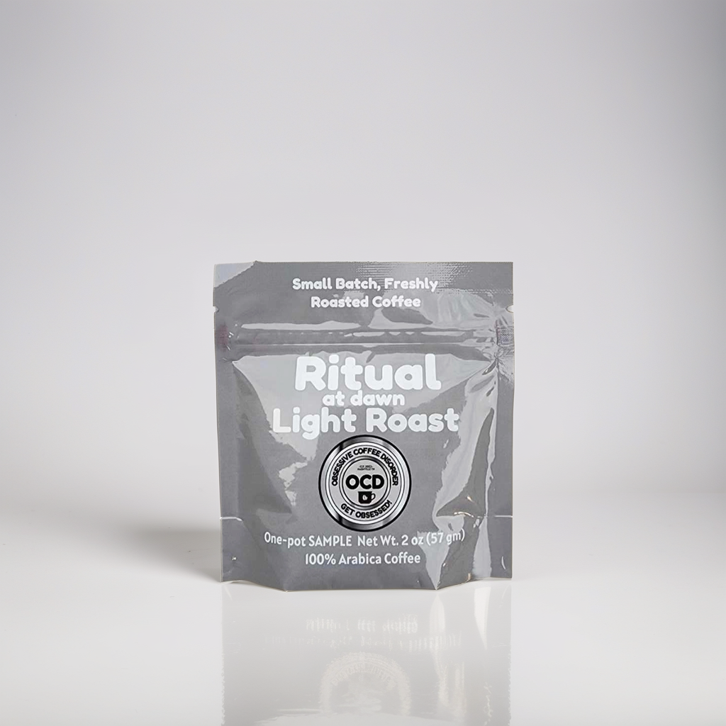 Coffee package labeled 'Ritual at dawn Light Roast' on a white background