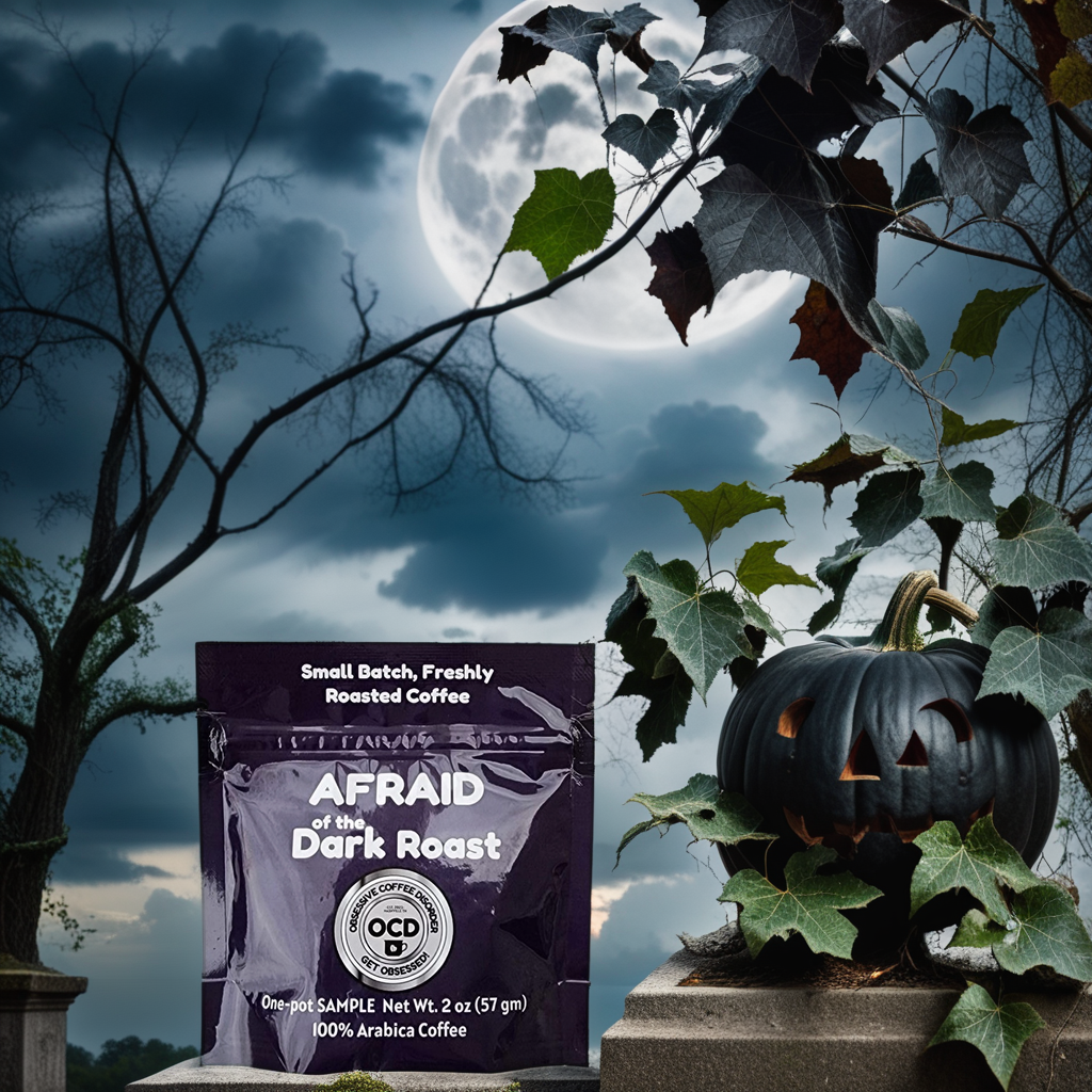 Coffee bag labeled 'Afraid of the Dark Roast' with a pumpkin and moonlit sky in the background