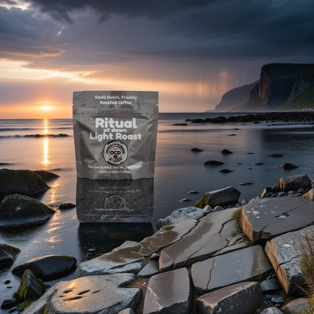 Ritual coffee package on a rocky beach with a sunset in the background