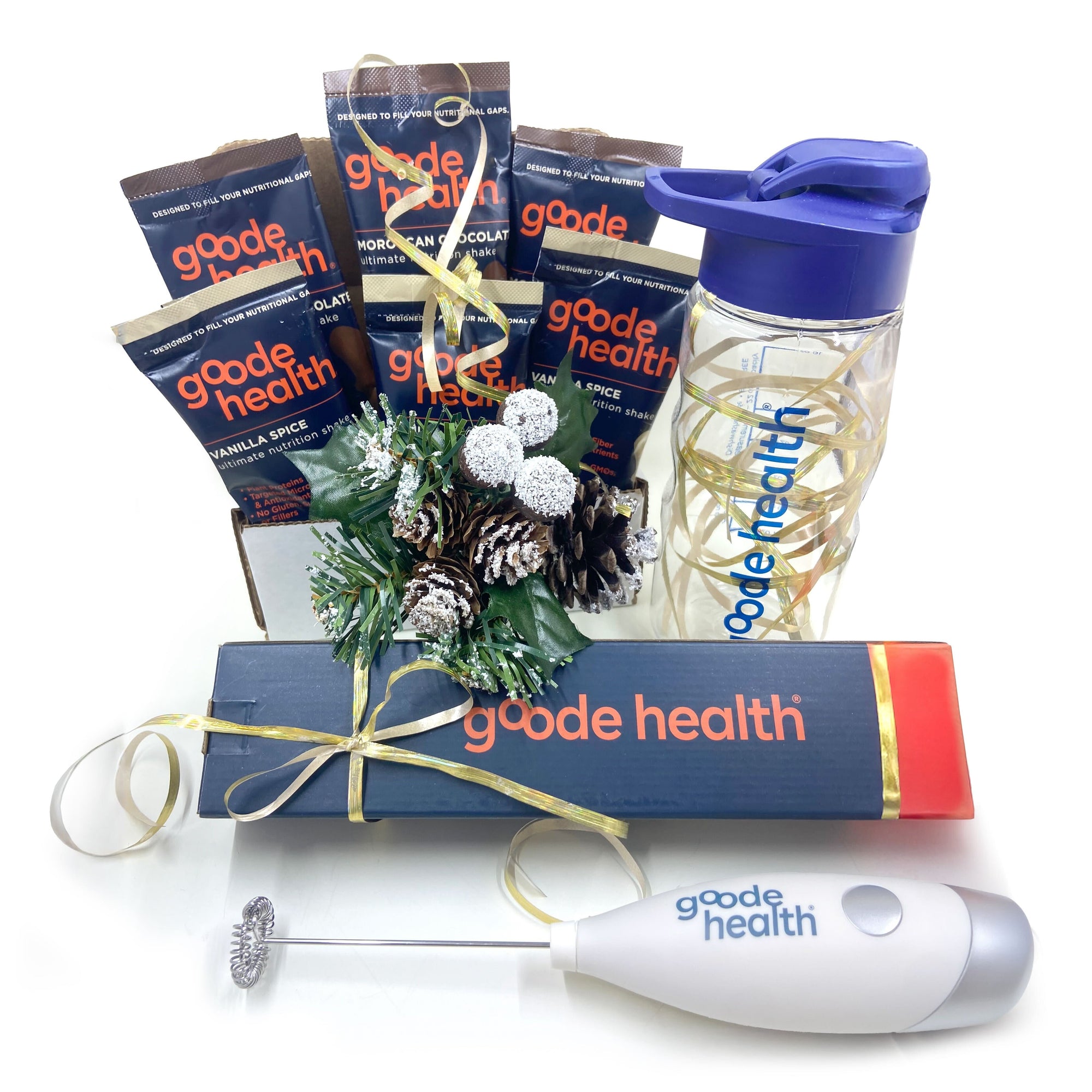 Goode Health product set including packets, a water bottle, and a whisk on a white background