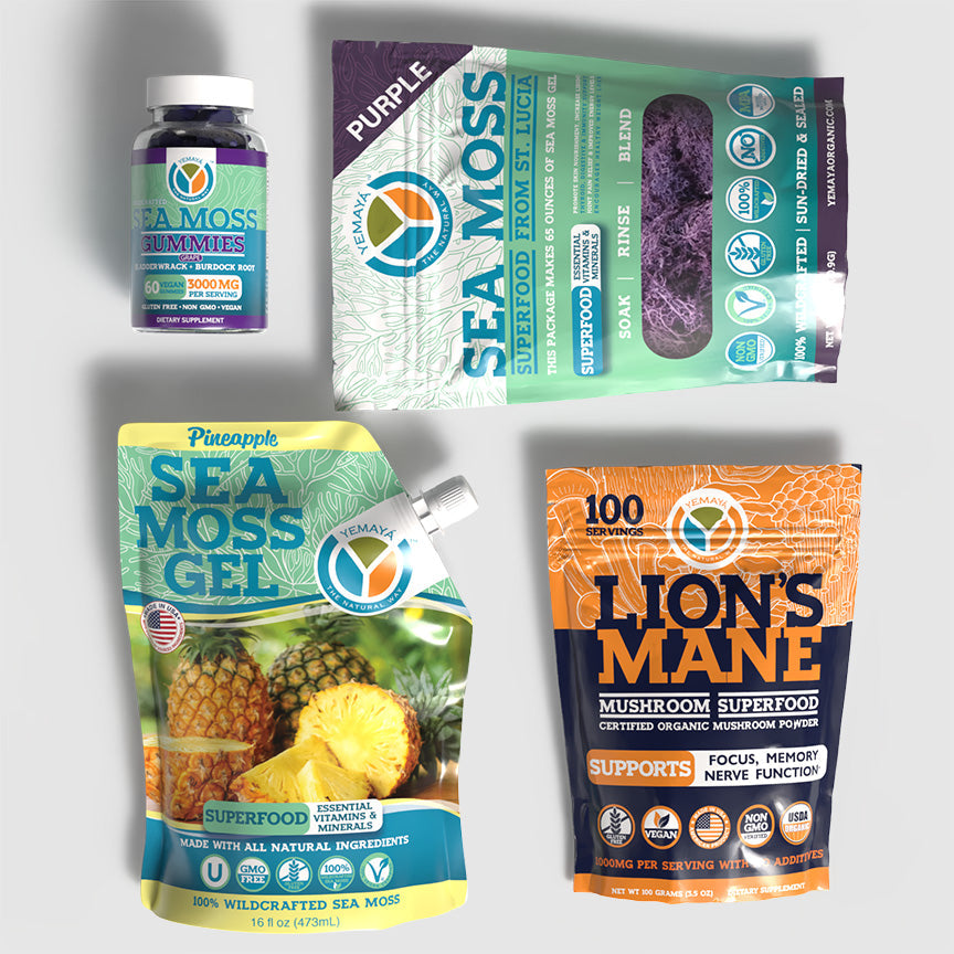 Four packages of different products including Sea Mossummies, Sea Moss Blend, Sea Moss Gel, and Lion's Mane Mushroom Superfood on a light gray background.