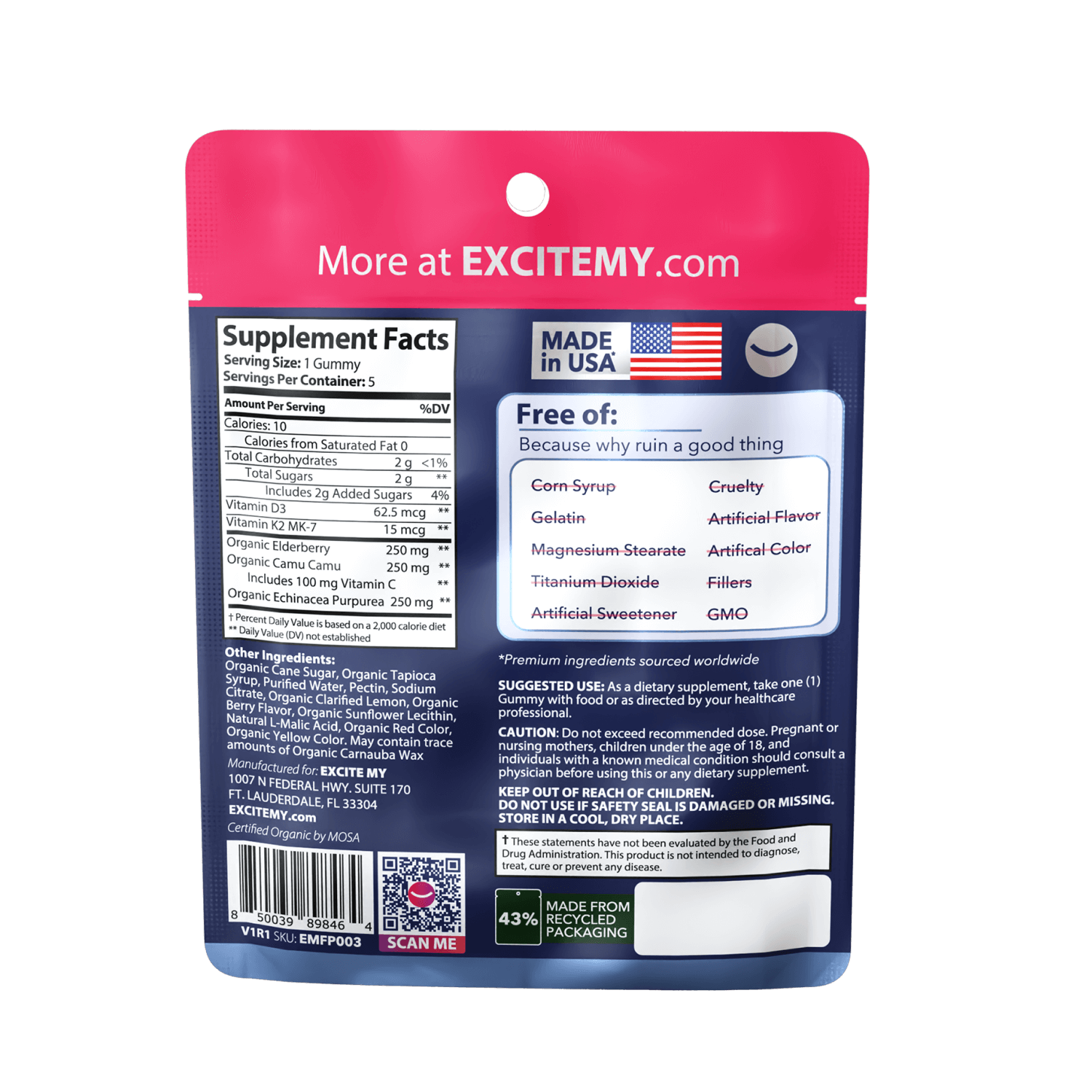 Supplement package with red top and blue back displaying ingredients and branding information.