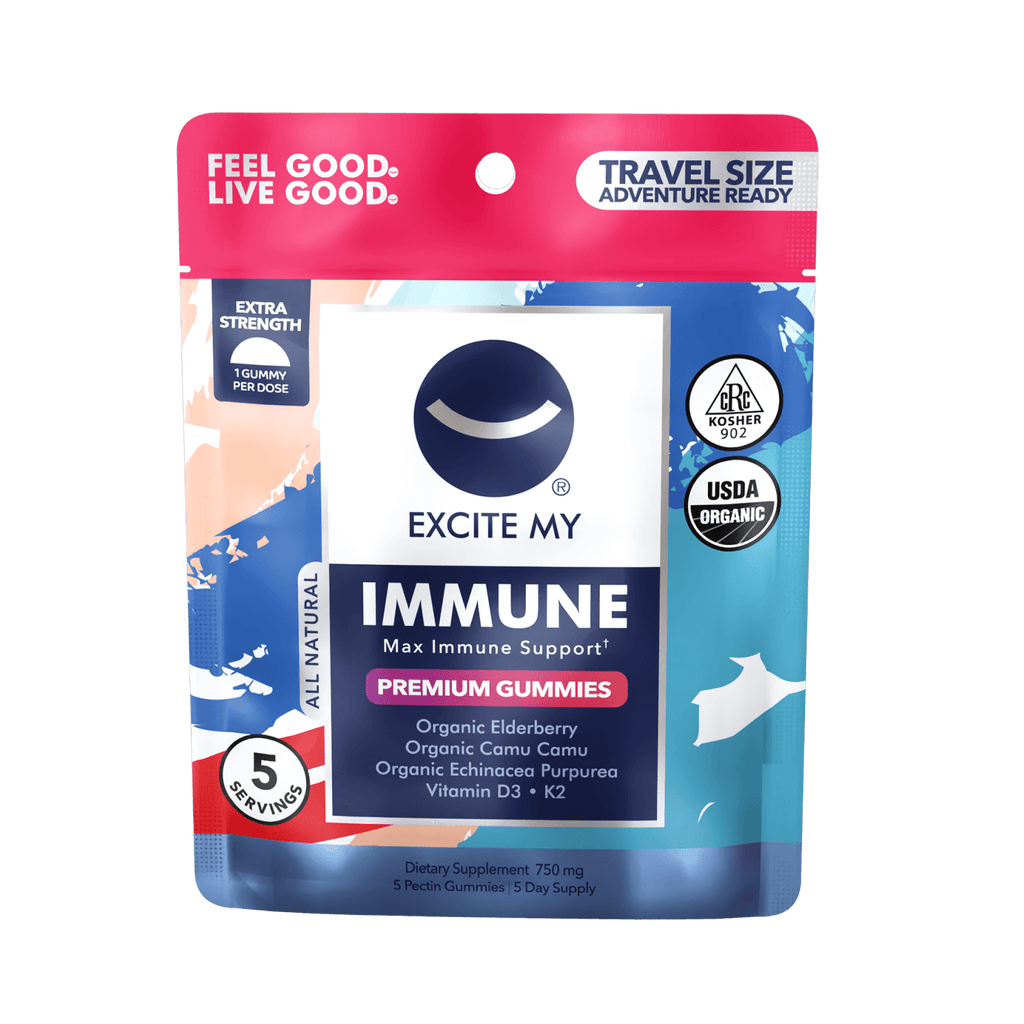 Excite My Immune Max Immune Support gummies packaging on a black background