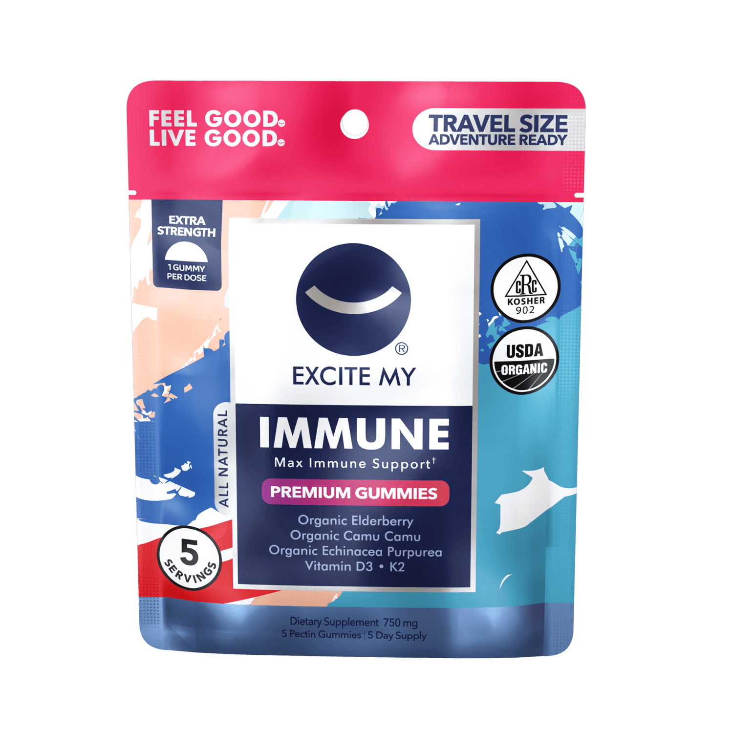 Excite My Immune Max Immune Support gummies packaging on a black background