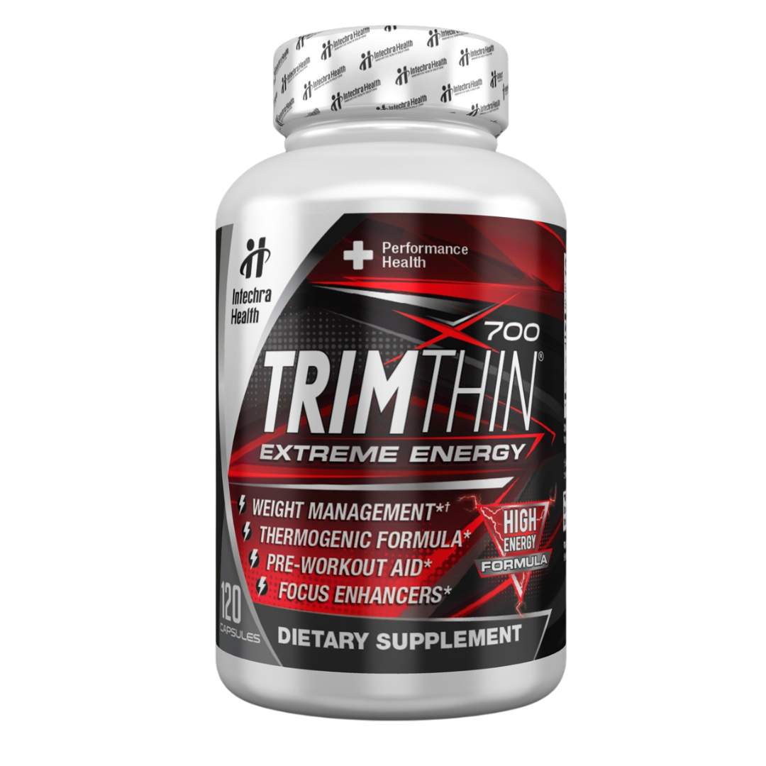 Supplement bottle labeled 'TRIM THIN Extreme Energy' on a white background