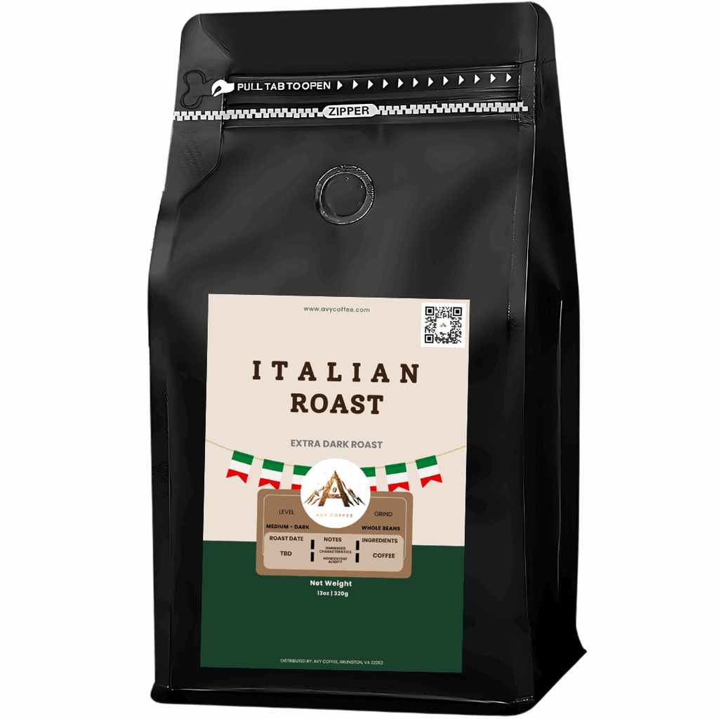 Black coffee bag labeled 'Italian Roast' with a design featuring Italian flags on a white background.