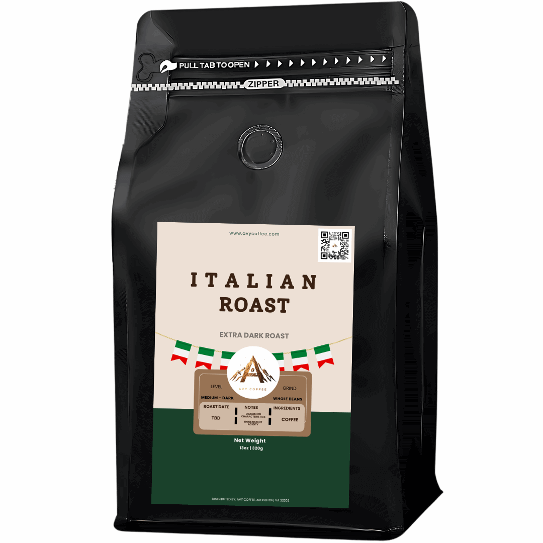 Black coffee bag labeled 'Italian Roast' with a design featuring Italian flags on a white background.