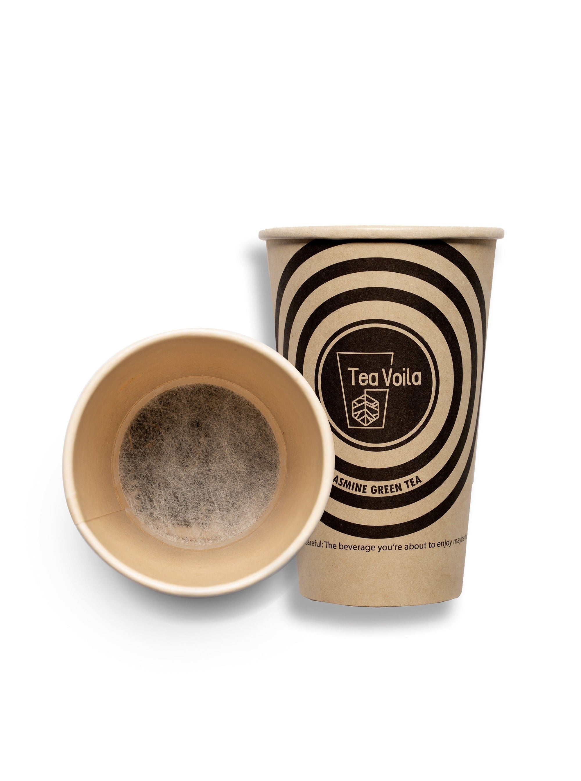 Tea cup with filter and branded sleeve on a white background