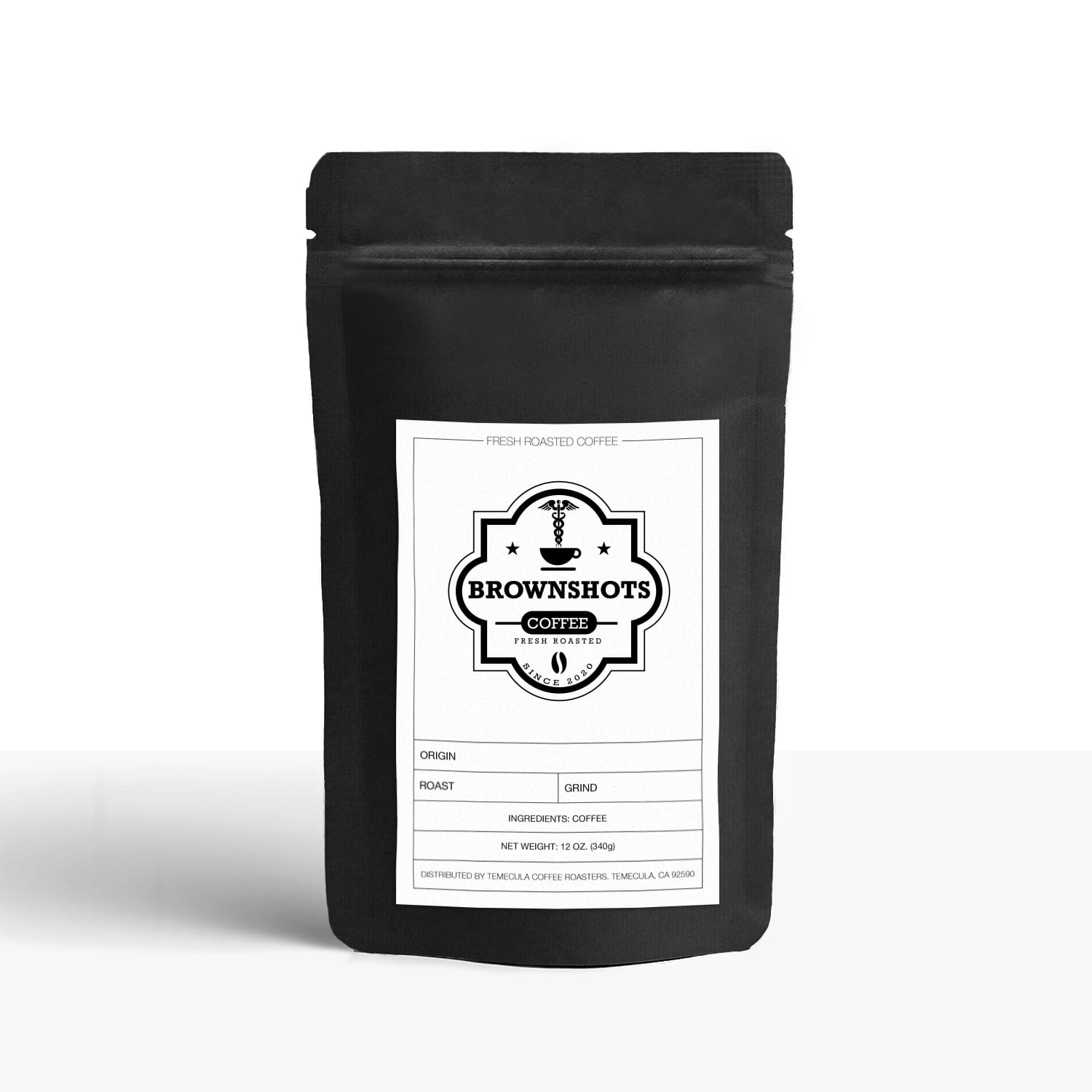 Black coffee bag with a label on a white background