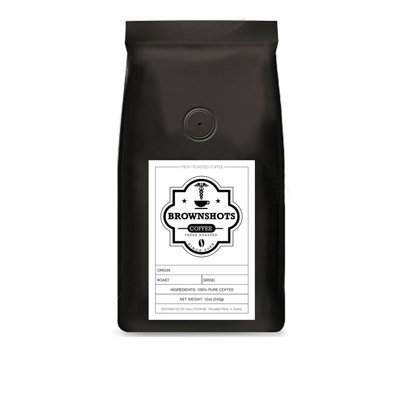 Black coffee bag with 'Brownshots Coffee' label on a white background