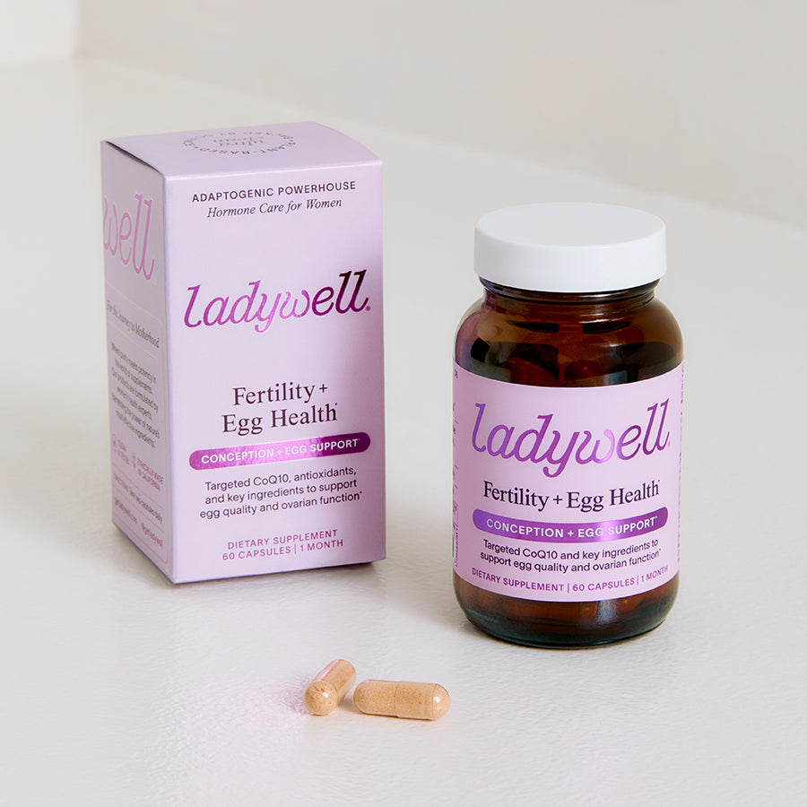 Ladywell fertility and egg health supplement bottle and packaging on a white background