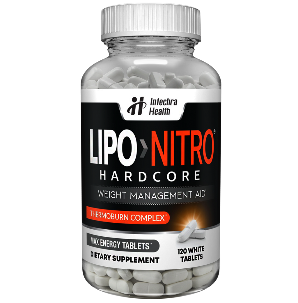 Bottle of Lipo Nitro Hardcore dietary supplement with visible label on a white background
