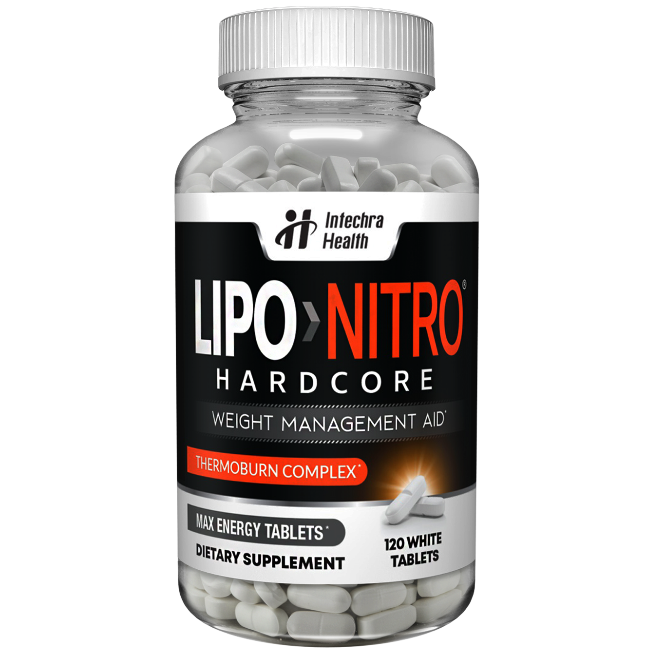Bottle of Lipo Nitro Hardcore dietary supplement with visible label on a white background