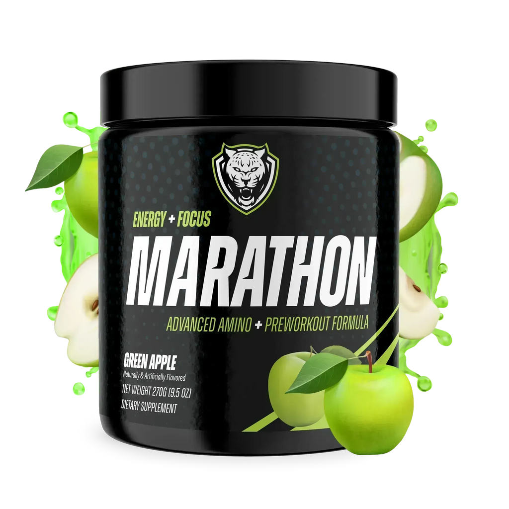 Black supplement container labeled 'Marathon' with green apples on a white background