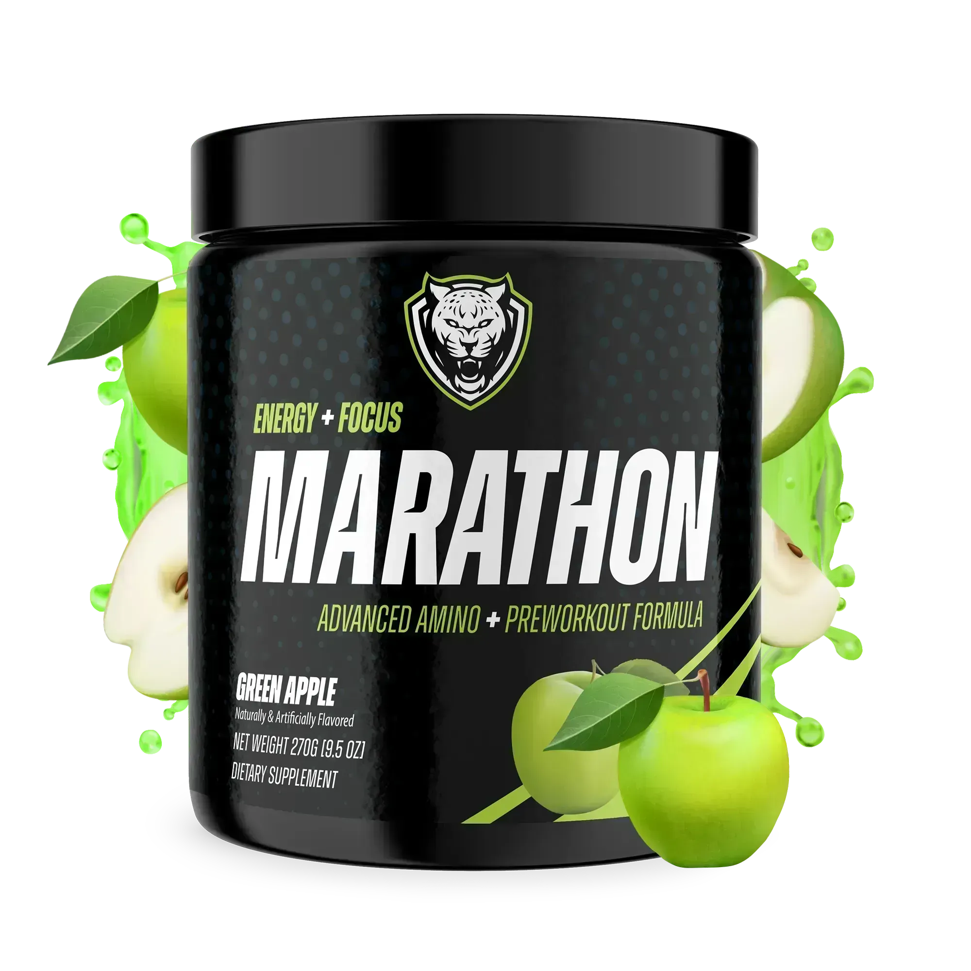 Black supplement container labeled 'Marathon' with green apples on a white background